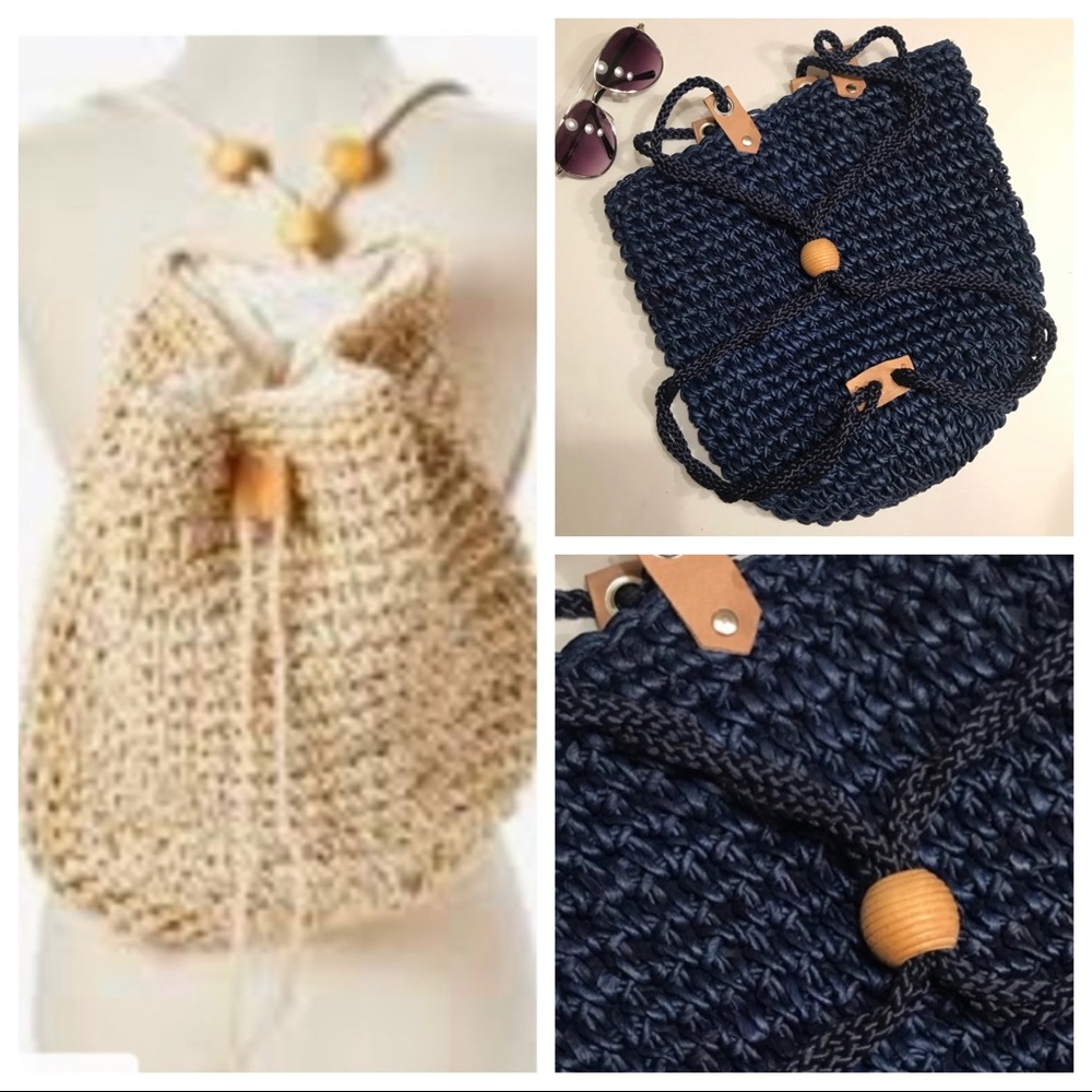 Straw Backpack Vintage Blue Summer Travel Backpack